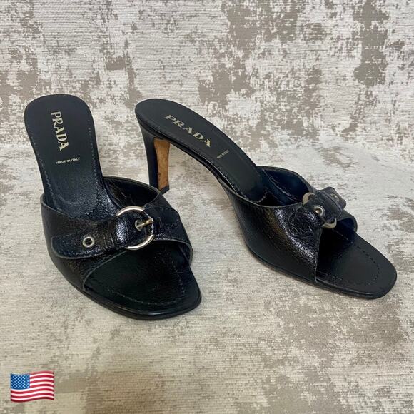 Prada Buckle Front Open Toe Leather Mules in Black - Picture 1 of 9